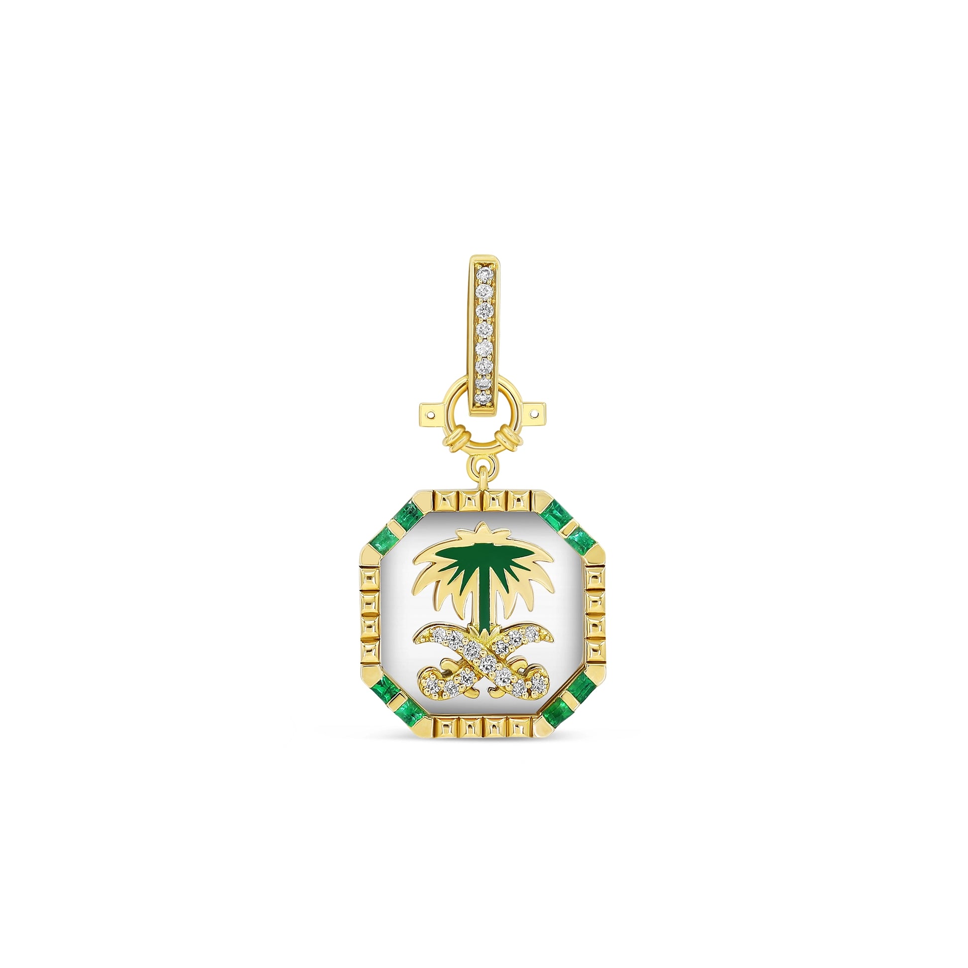 Gold pendant with palm tree design on a white background