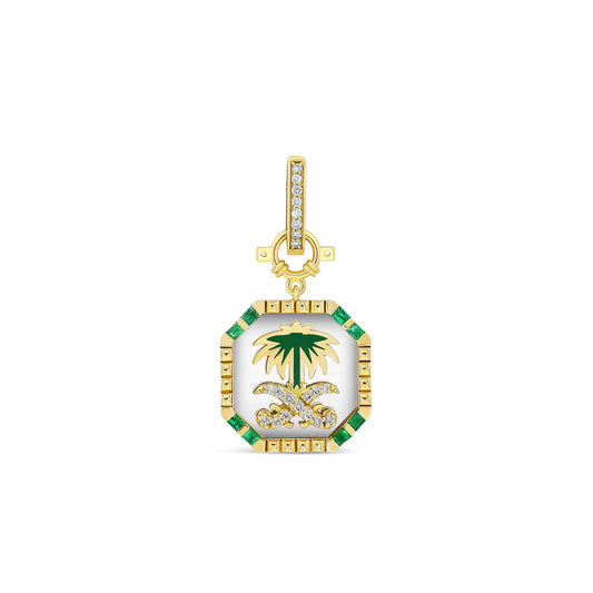 Gold pendant with palm tree design on a white background