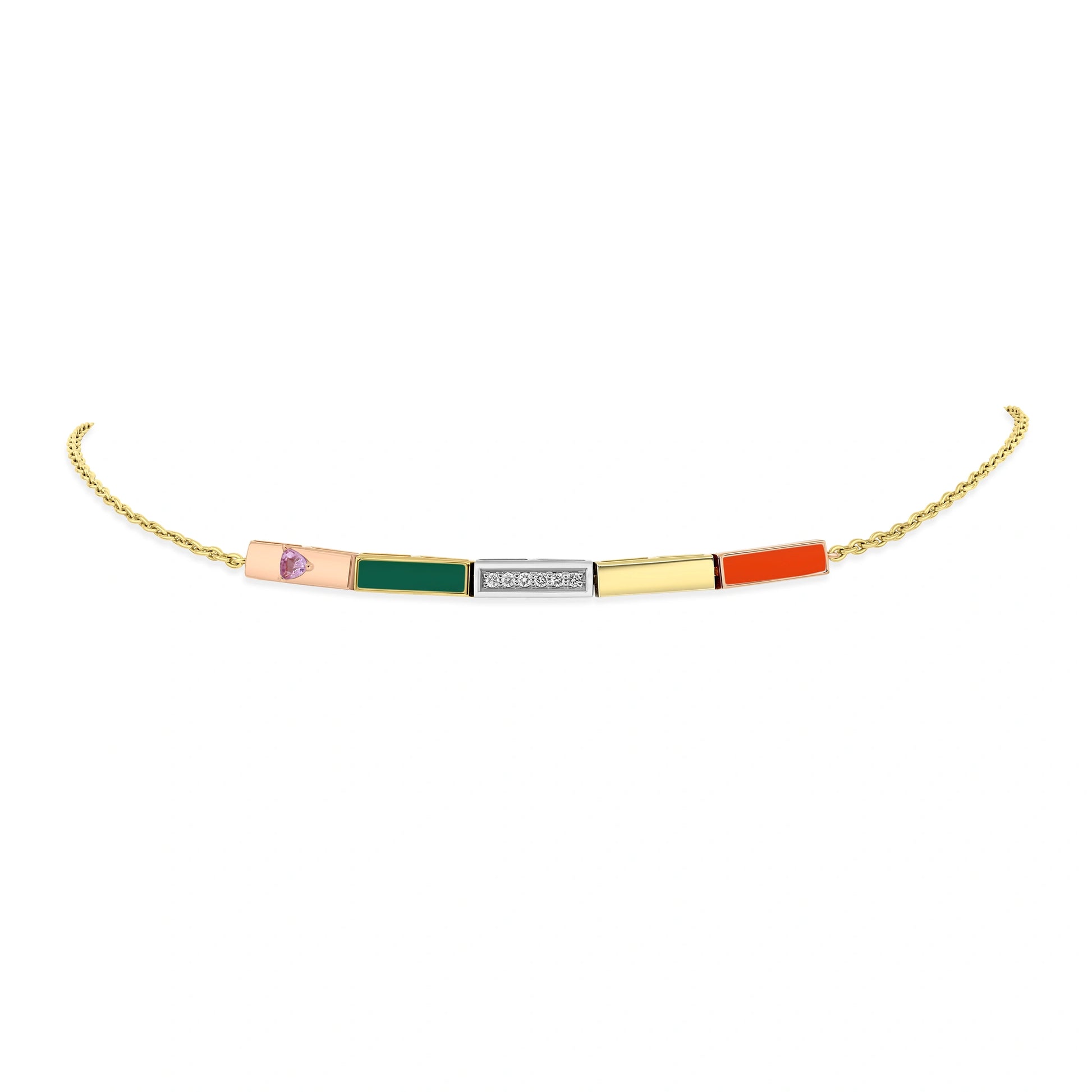 Gold bracelet with colorful square charms on a white background