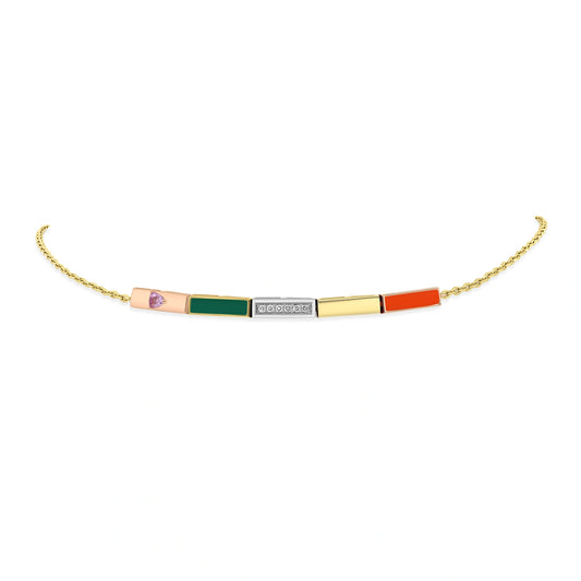 Gold bracelet with colorful square charms on a white background