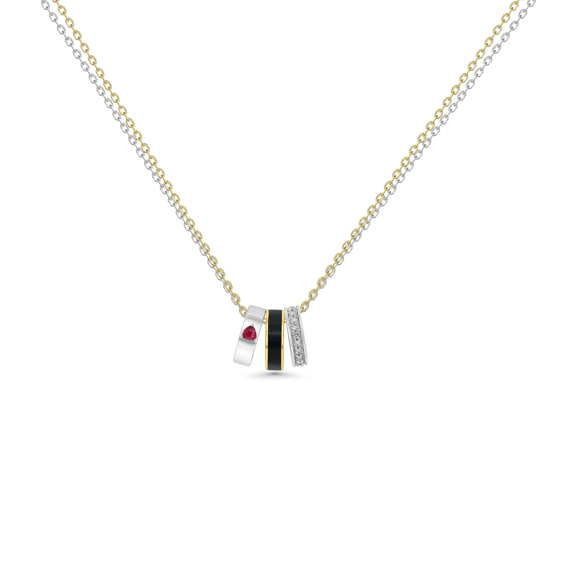 Necklace with a pendant featuring a red gemstone on a white background