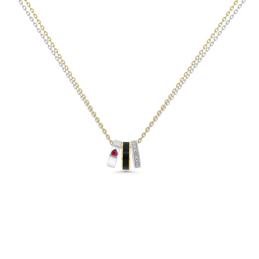 Necklace with a pendant featuring a red gemstone on a white background