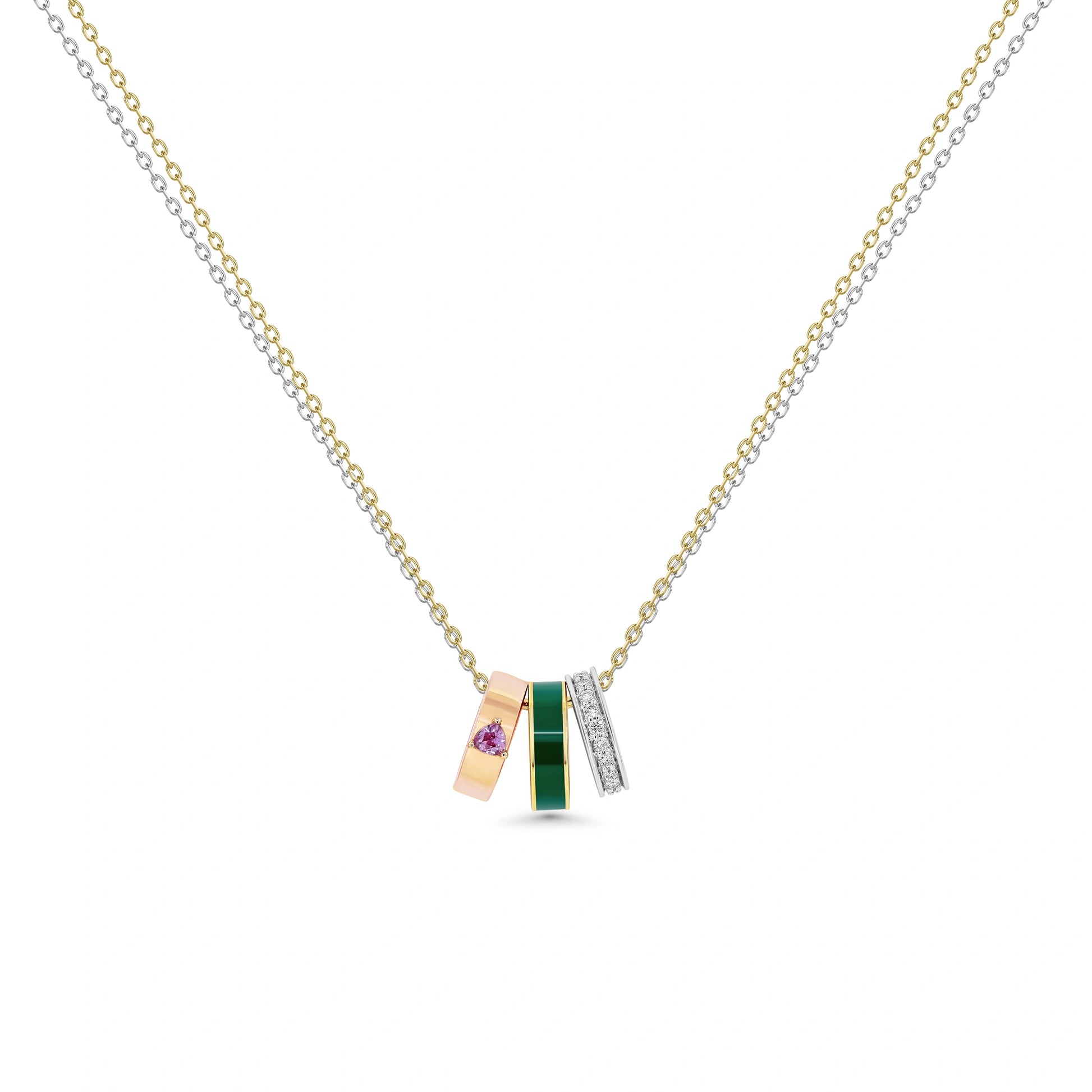 Necklace with a pendant featuring a pink gemstone and green stone on a white background