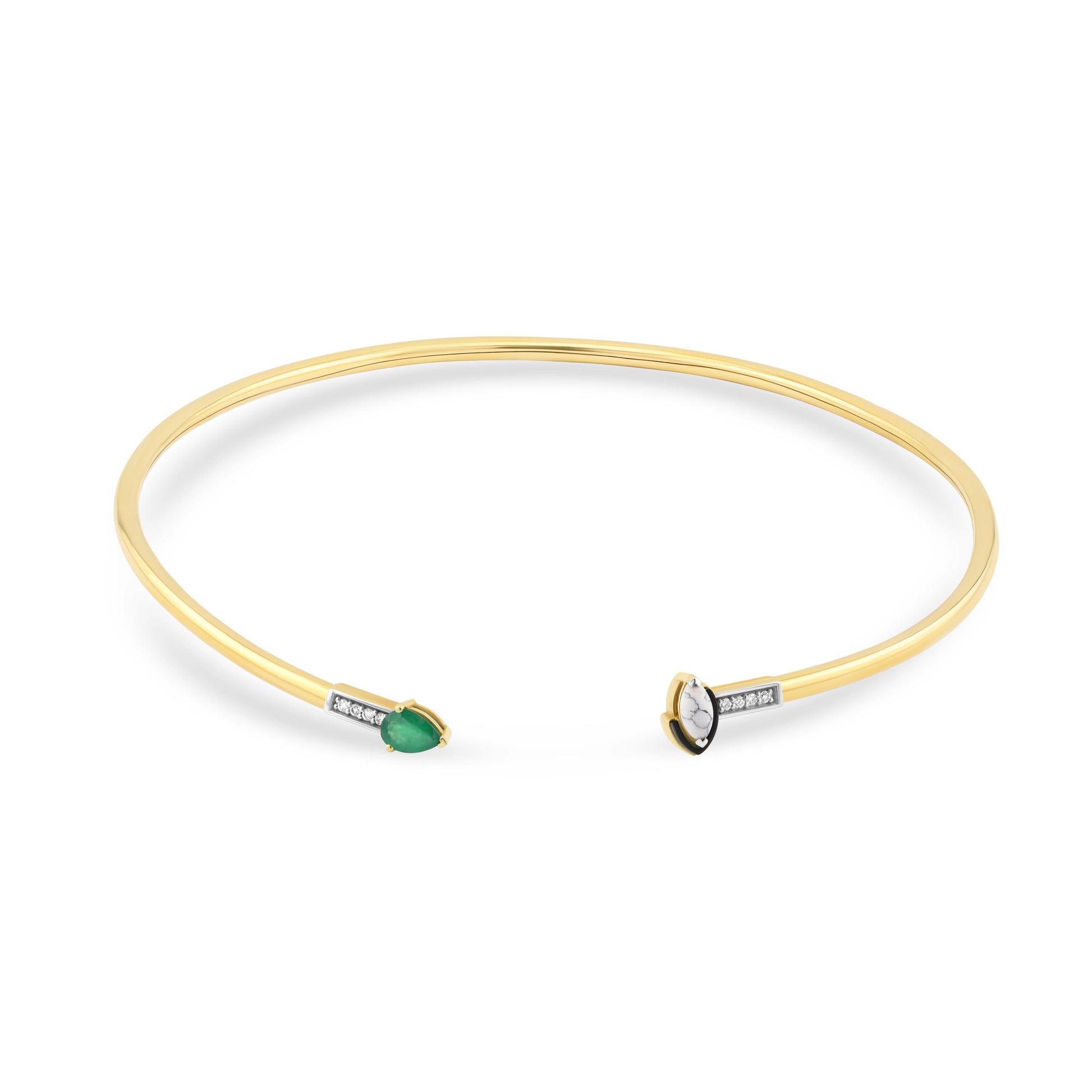Gold bracelet with green gemstone and diamond accents on a white background