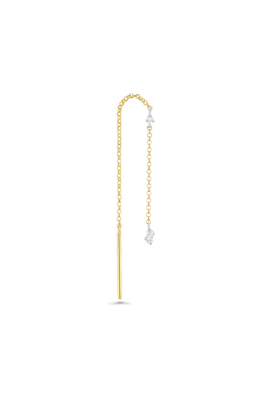 Gold chain earring with a small diamond on a white background