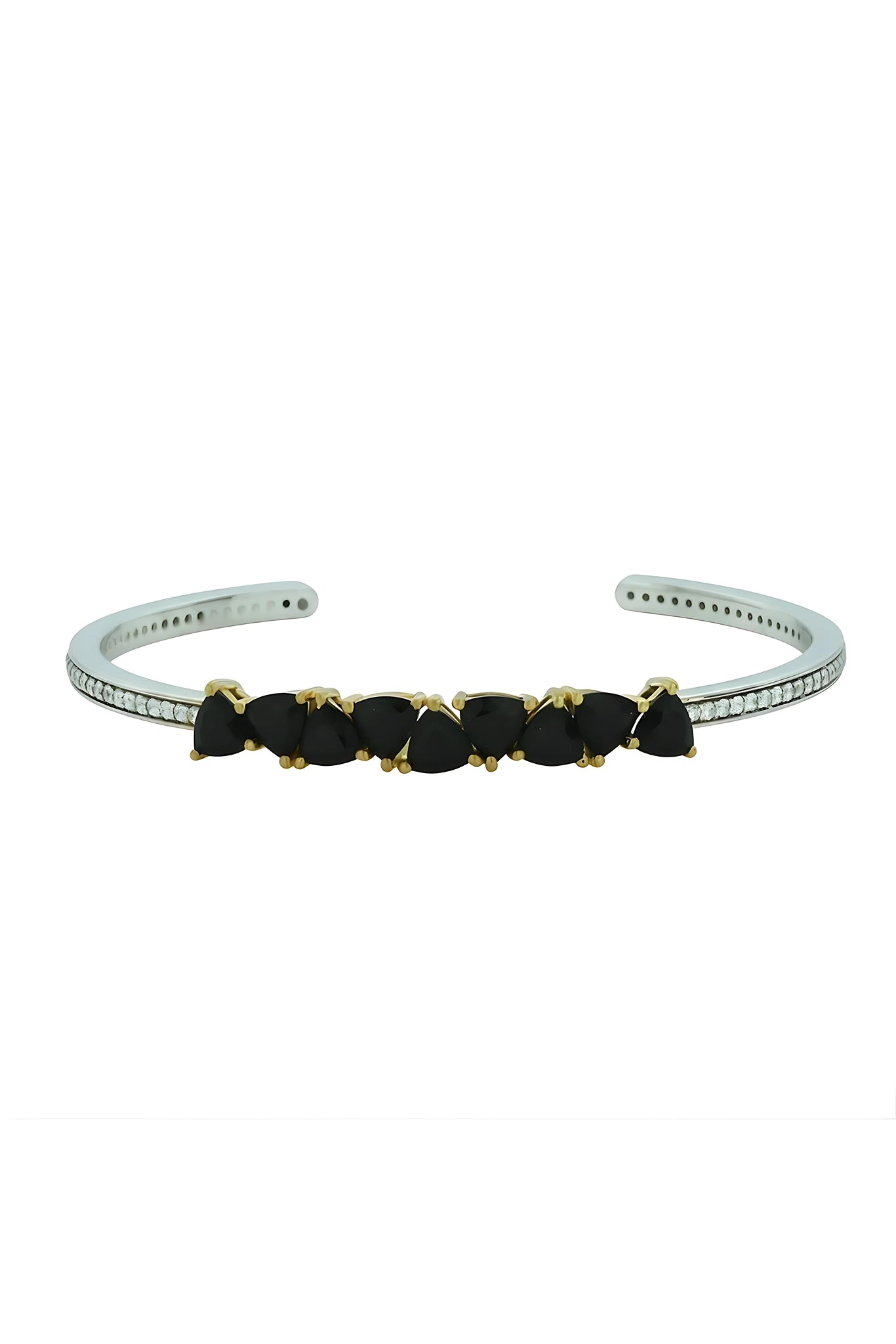 Silver bracelet with black stones on a white background