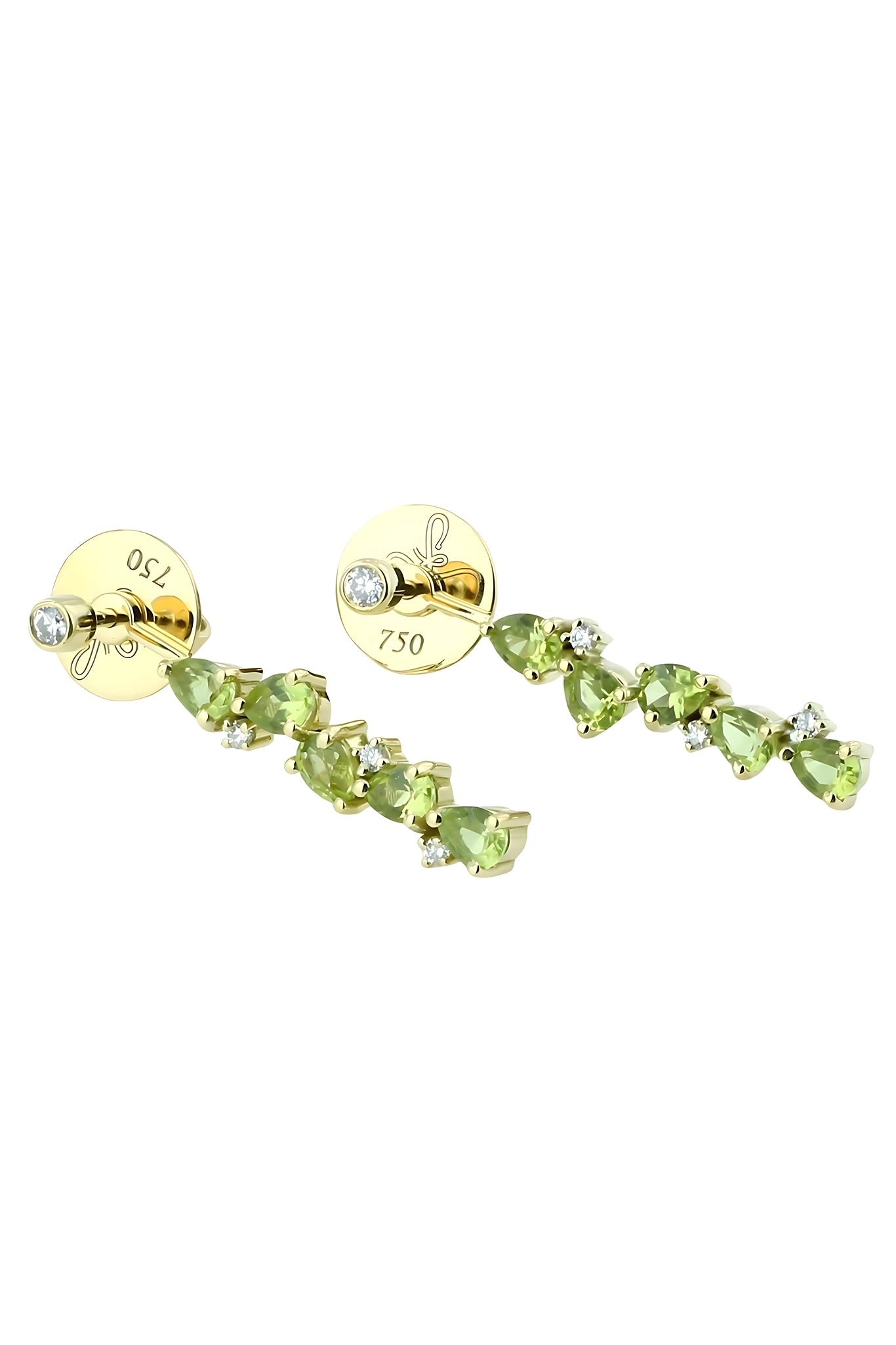 Gold earrings with green gemstones on a white background