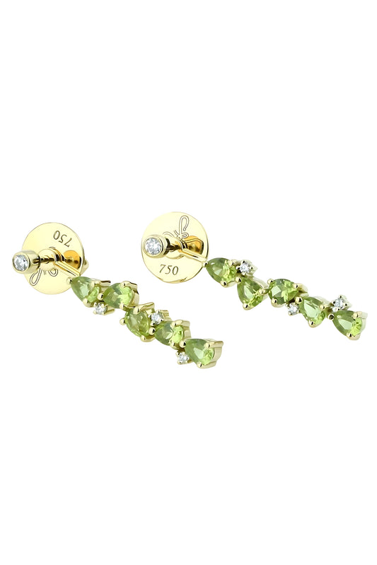 Gold earrings with green gemstones on a white background