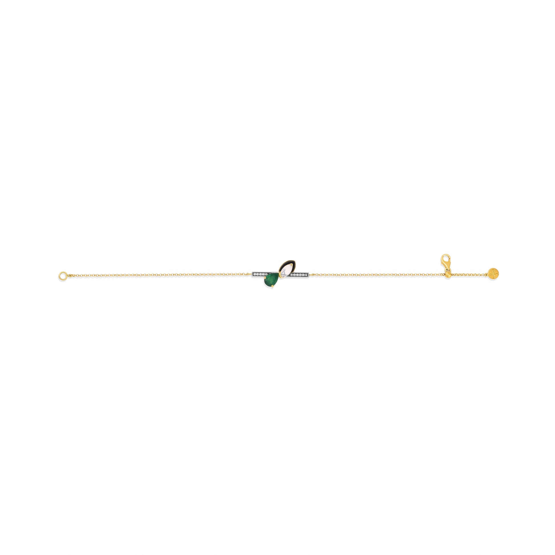 Gold necklace with green pendant on a white background