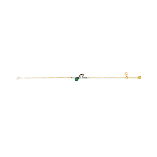Gold necklace with green pendant on a white background