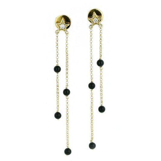 Star & Dangling Chain With Onyx Beads Earrings