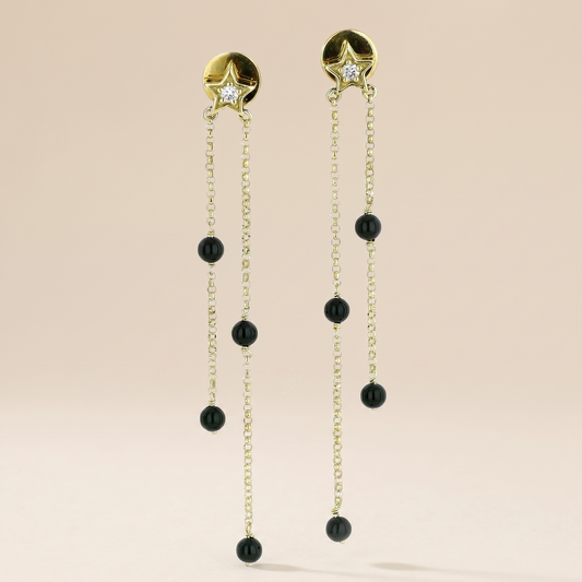 Star & Dangling Chain With Onyx Beads Earrings