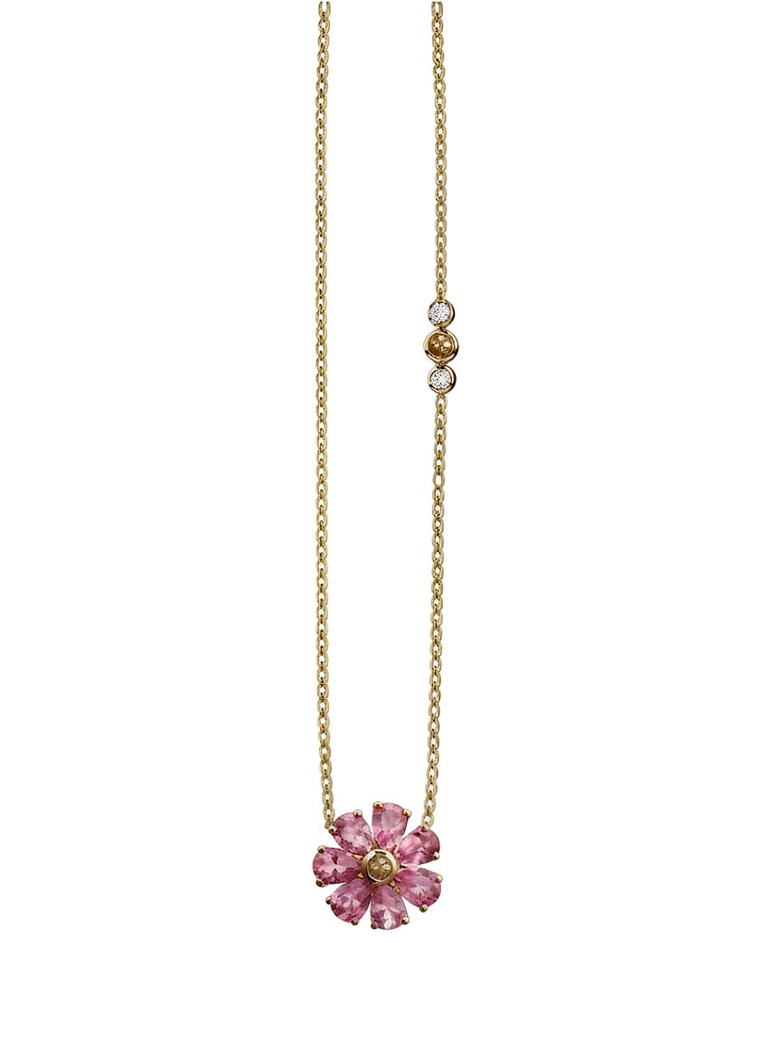 Necklace with a pink flower pendant on a white background
